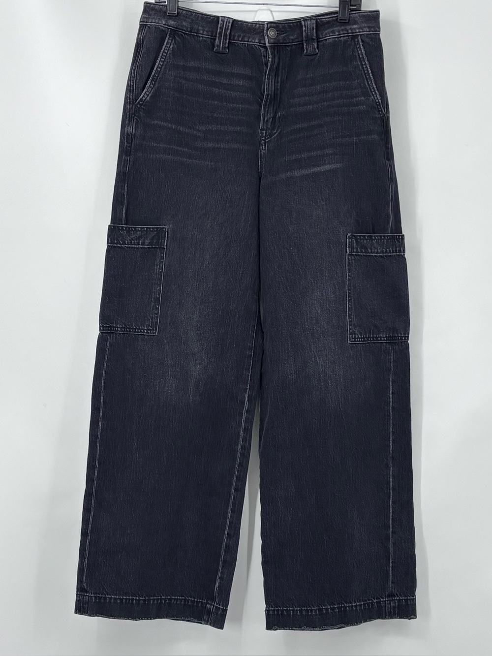 AE American Eagle Super High Rise baggy wide leg Black Cargo denim Jeans Sz 10